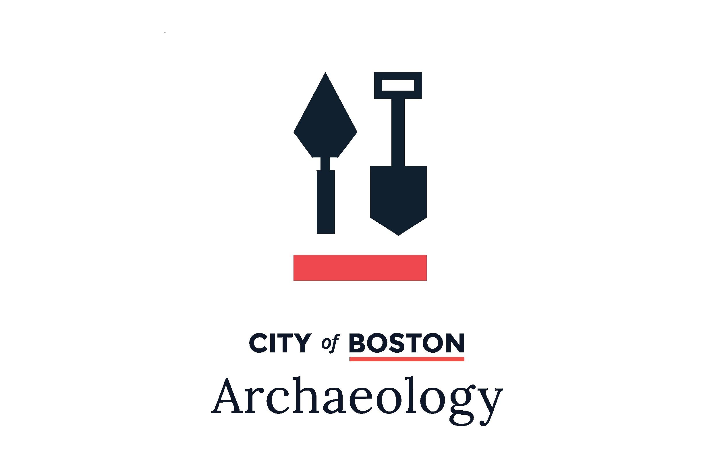 a graphic logo with a shovel and a spade hovering over the text "City of Boston Archaeology"