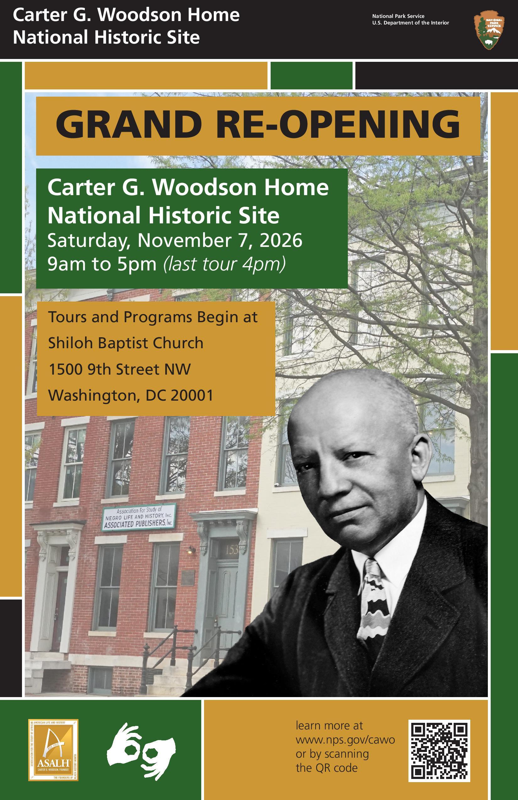 Green, gold, black blocks with text, photos of house exteriors and a man.