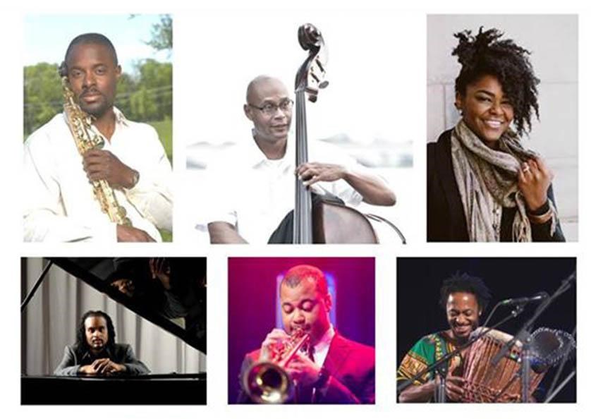 Portrait collage of jazz musicians performing in this concert