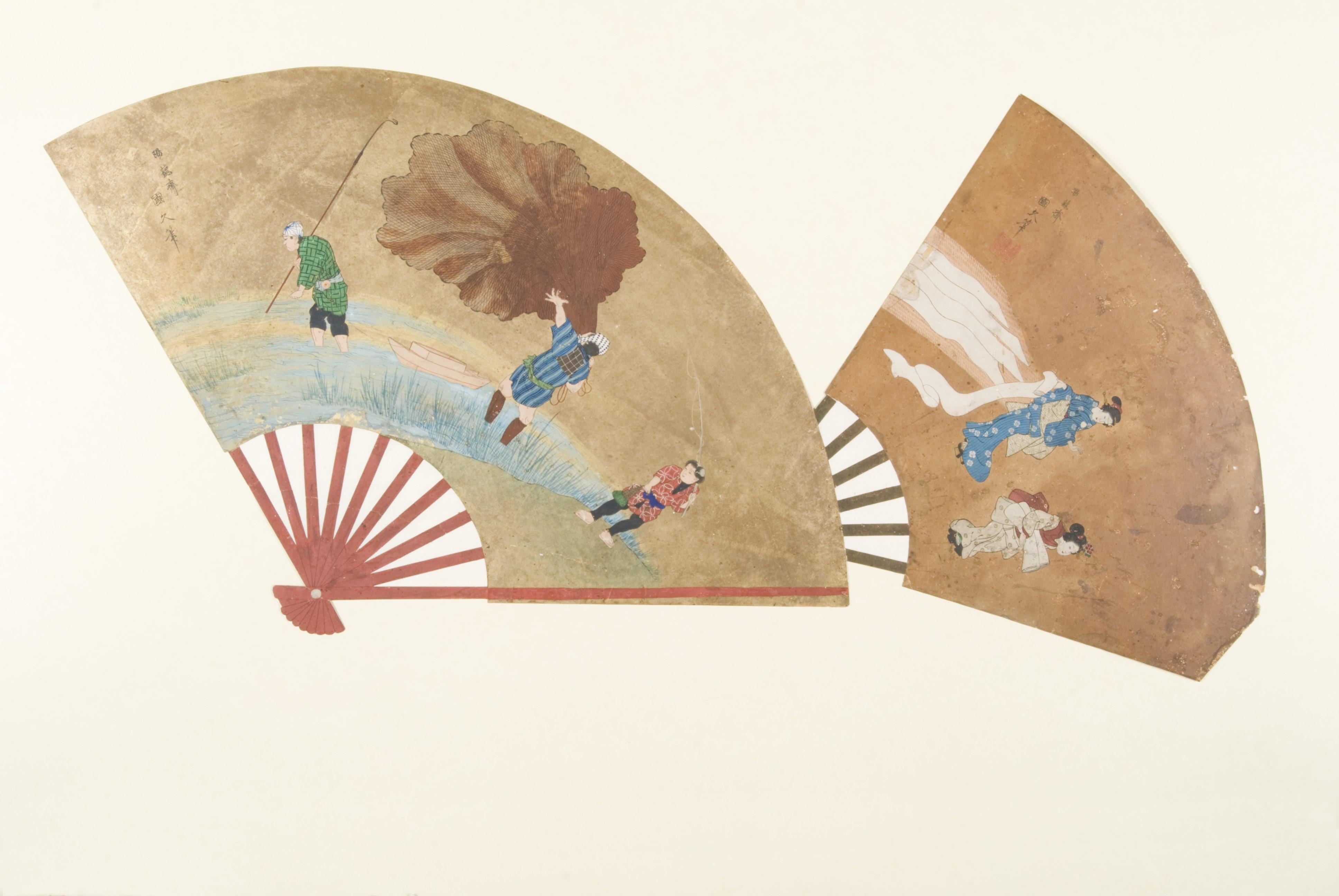 Two paintings in the shape of fans, each a landscape with figures in foreground