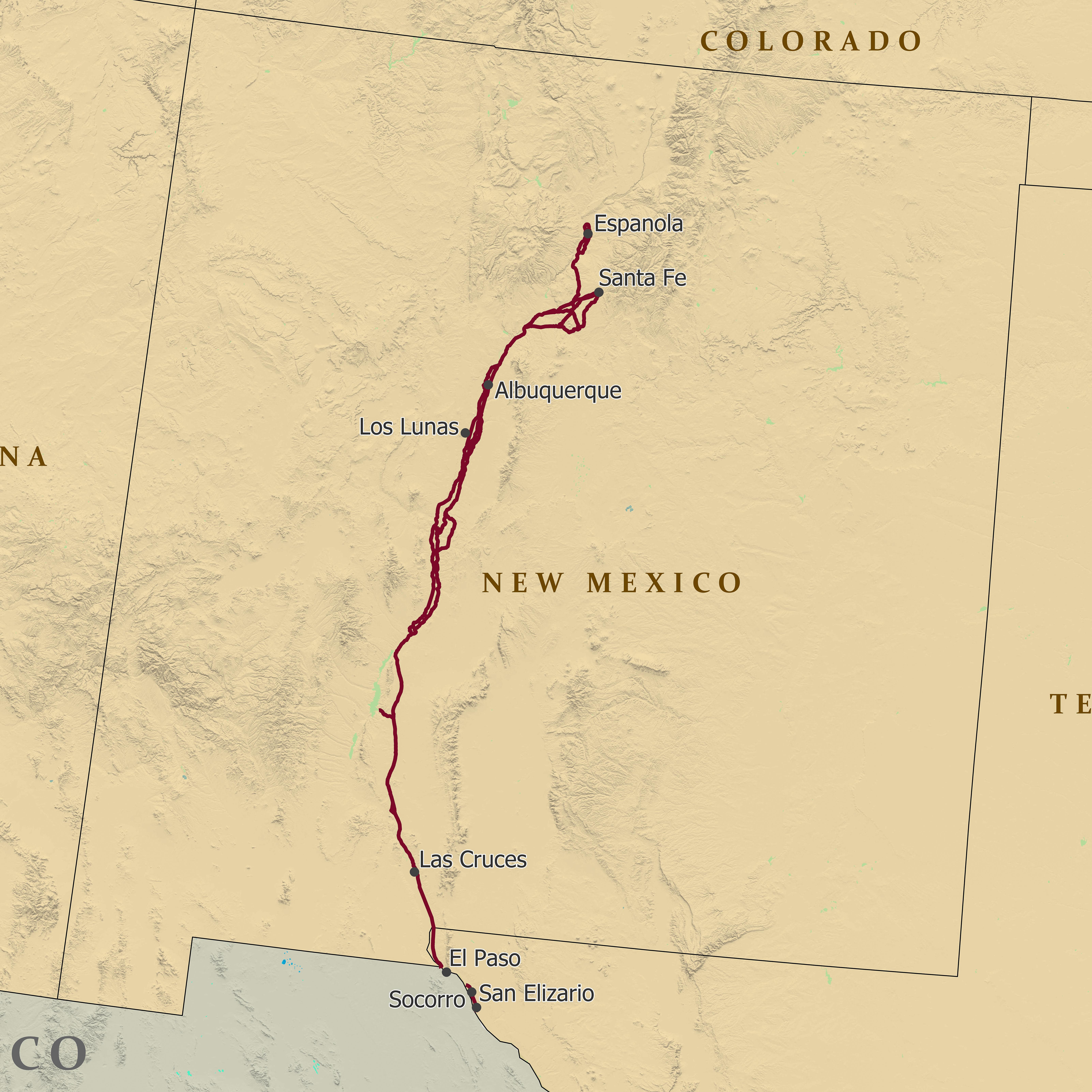 imagen de un mapa que muestra el camino real de tierra adentro recorriendo dos estados