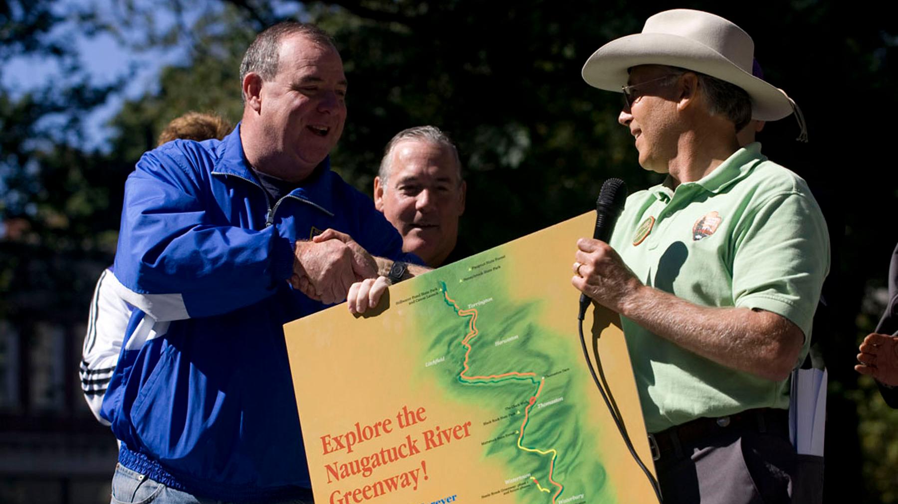 John Monroe Presents Naugatuck River Greenway Poster To Waterbury Mayor O&rsquo;Leary