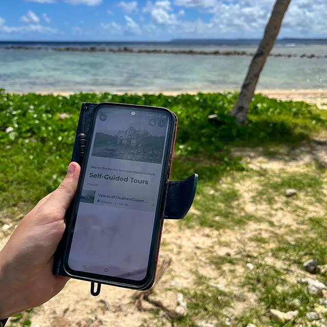 A cell phone open to the self-guided tours page of WAPA's NPS app. In the background is the beach.