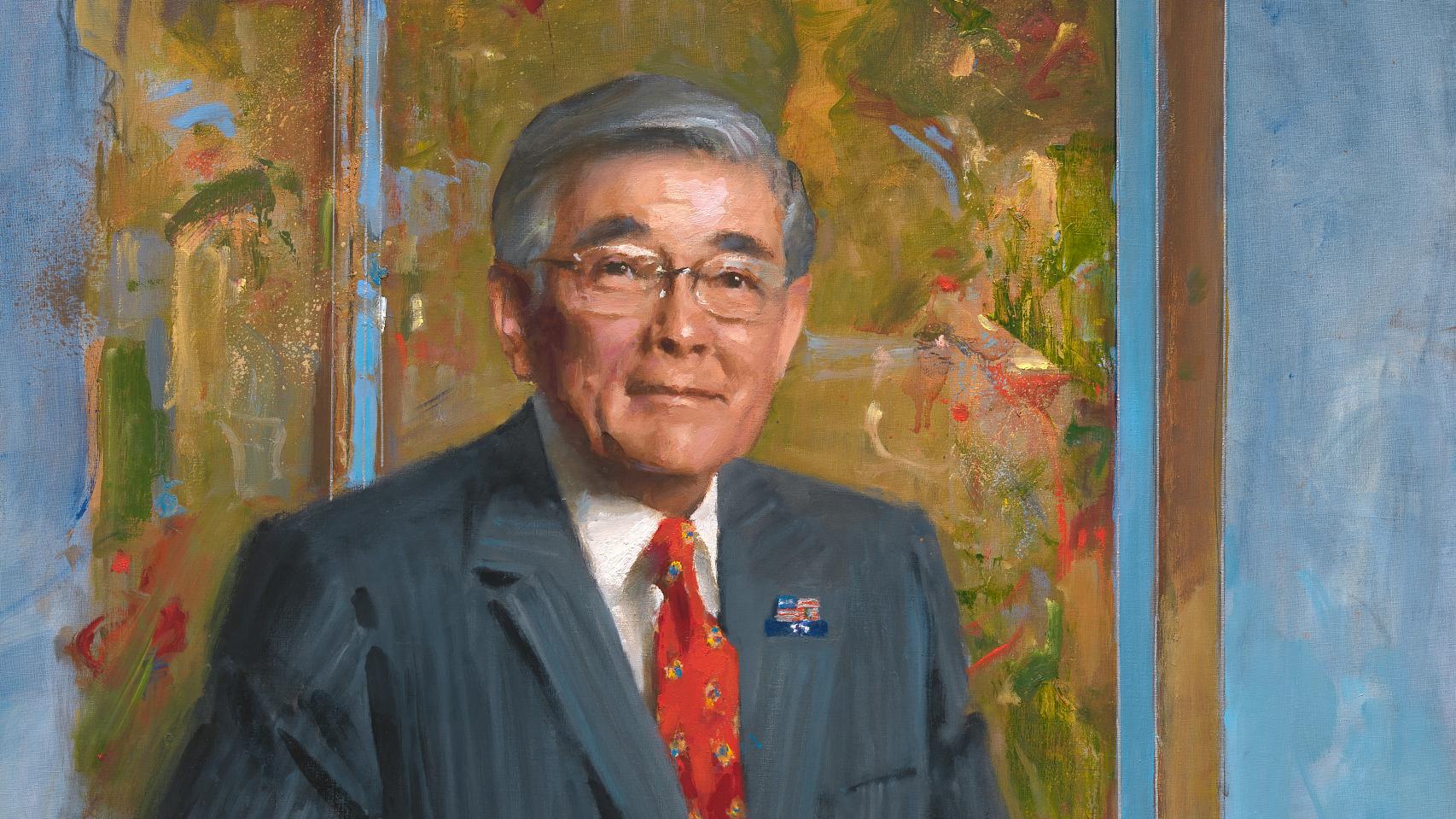a portrait painting of a man in a gray suit and red tie in front of a colorful background