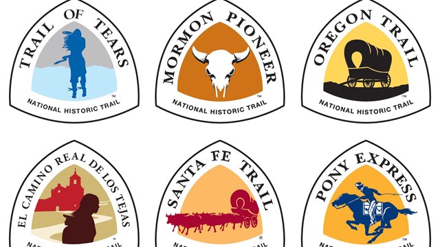 Collage of nine national historic trail logos each with a colored icon and the trail's name