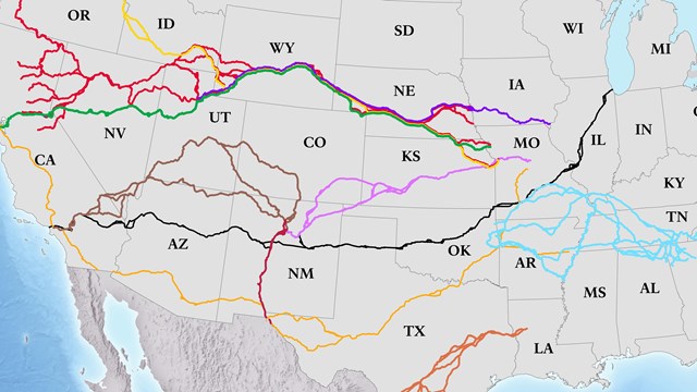 A map of the United States depicting 10 trails and Route 66 traversing across many states.