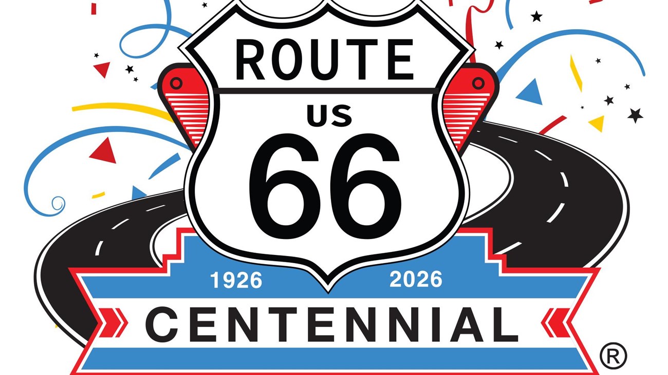 A shield logo with "Route US 66 Centennial"