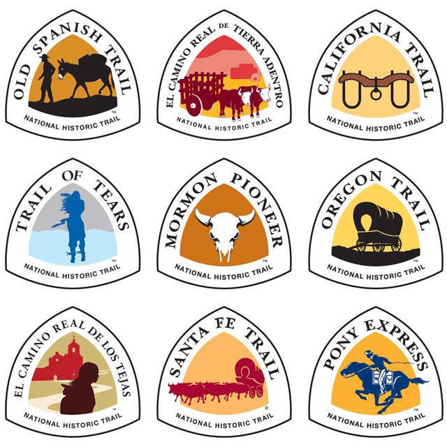 Collage of nine national historic trail logos each with a colored icon and the trail's name