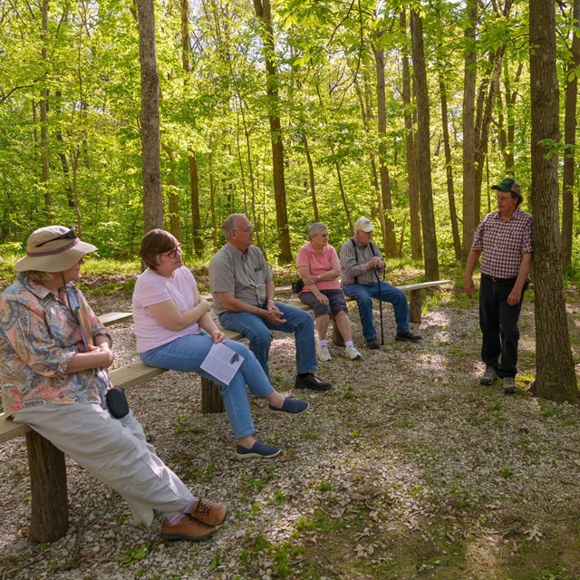 A group of people sitting on wood benches in a forest listening to a person talk