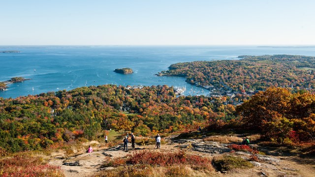 aerial view of Camden Hills State Park, Maine in the Fall
