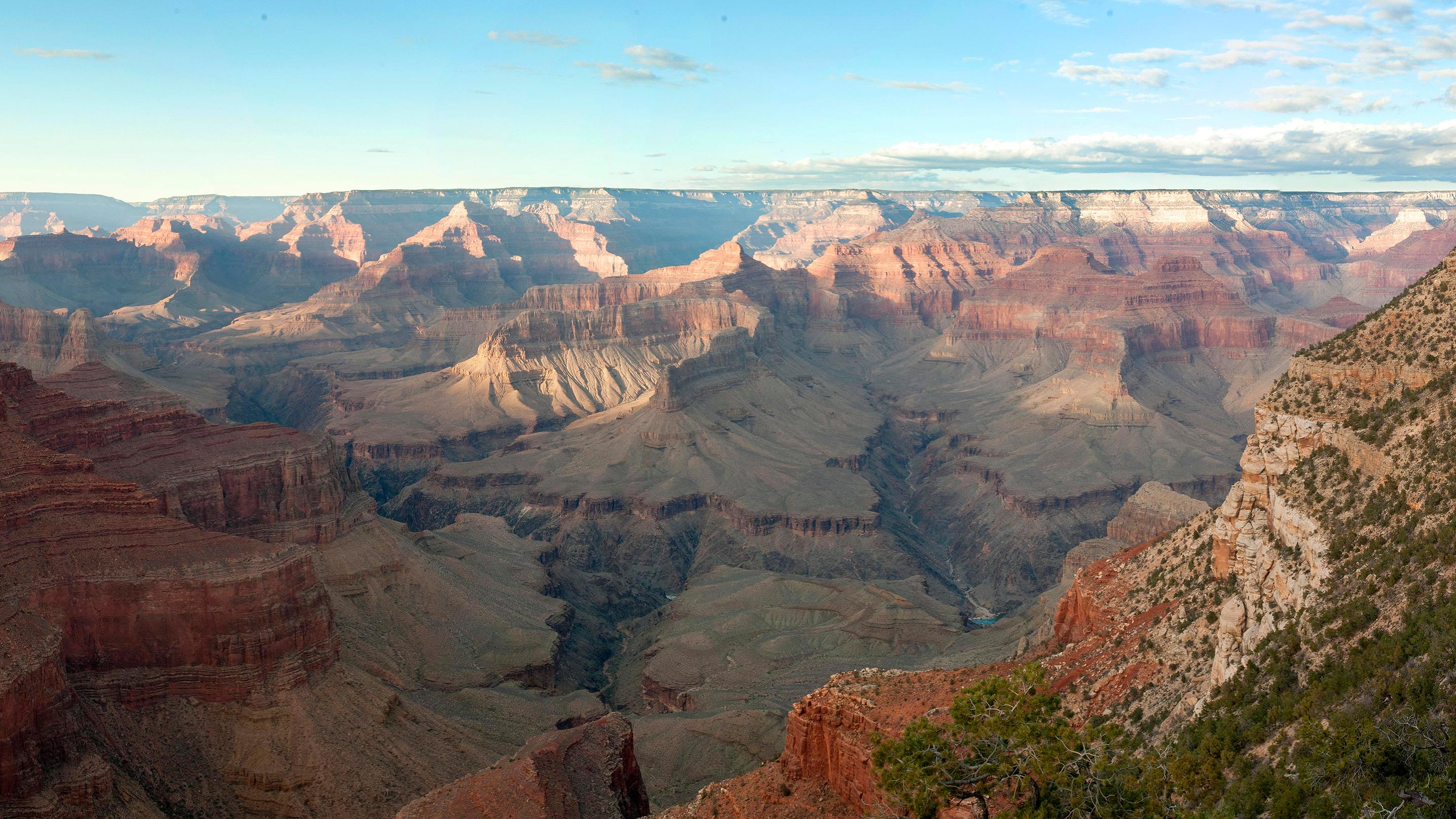A wide view of the Grand Canyon showcasing its layered red rock formations under a clear sky