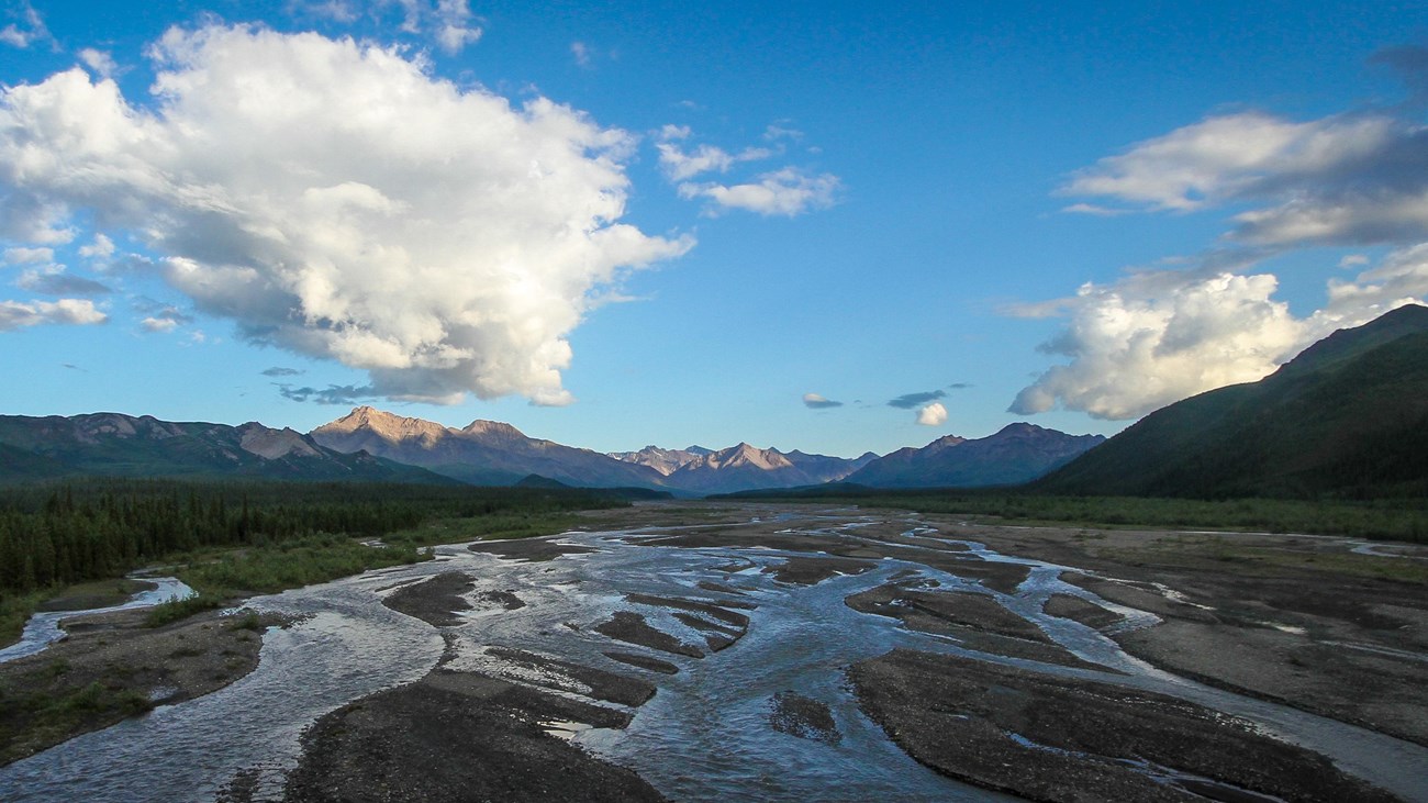 a braided river flowing from distant mountains