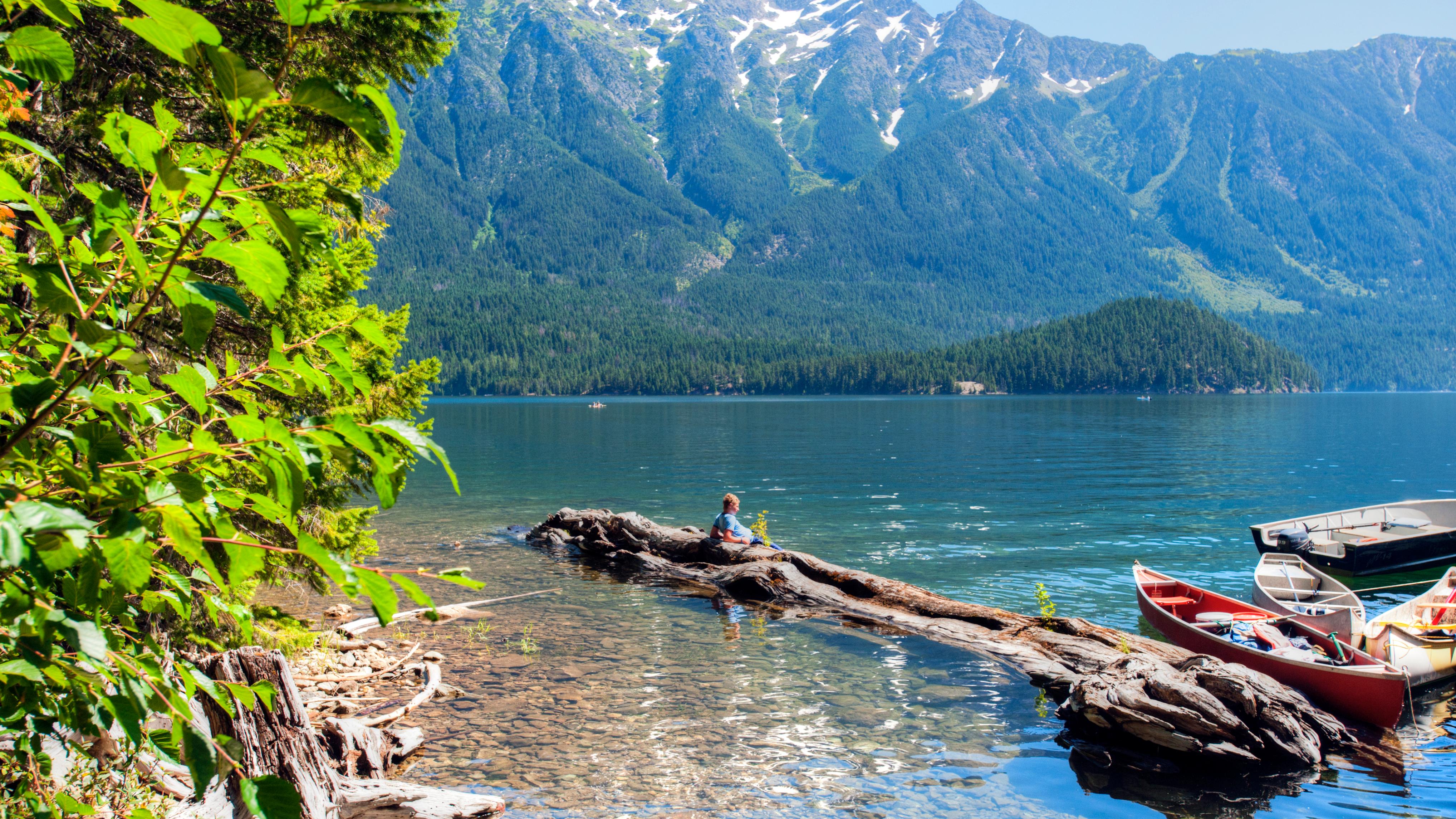 A person lounges on a large log in North Cascades National Park next two three canoes and a boat.  