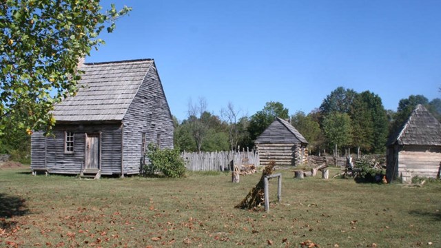 Wooden farm buildings at the National Colonial Farm