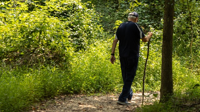A man hikes on a trail carrying a walking stick.