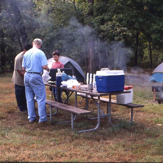 A group prepares a meal in a campsite.