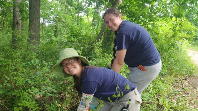 Two volunteers smiling on the right-side of a tree covered in vines
