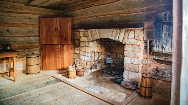 log cabin interior - fireplace