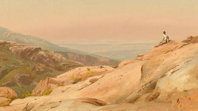 a painting of a man sitting on bald granite peaks overlooking the ocean