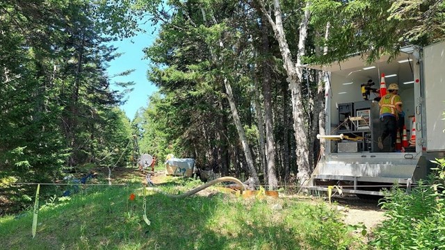Forested background with construction worker grabbing tools 