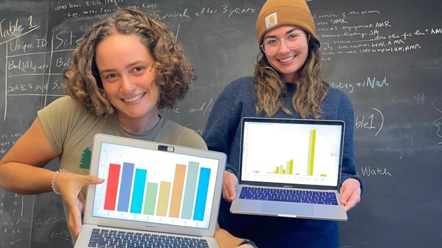 Two smiling women hold laptops with colorful graphs facing the viewer