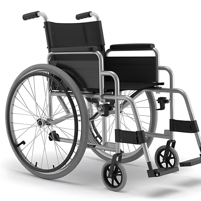 Photograph of an empty wheelchair against a white background