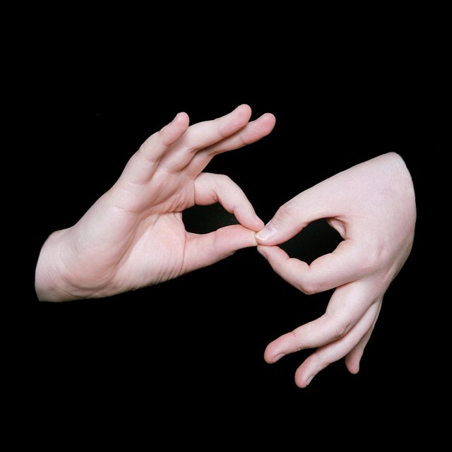 Against a black background, two hands gesture a symbol in American Sign Language