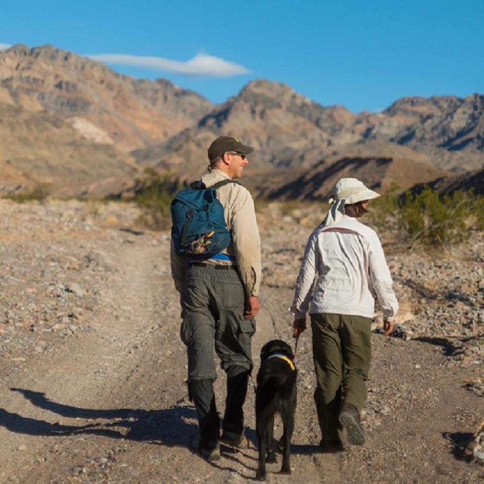 two people walking the desert with their service animal 