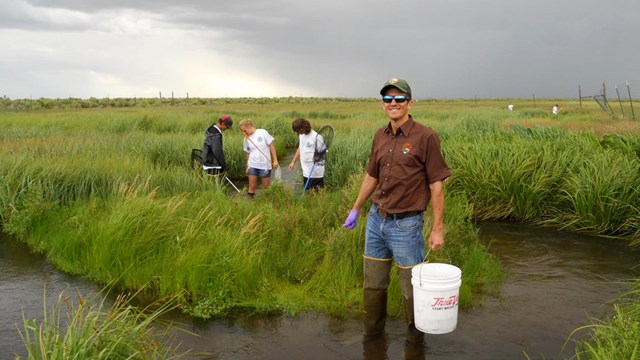 Photo of an NPS employee and students collecting dragonfly larvae for a mercury deposition study.
