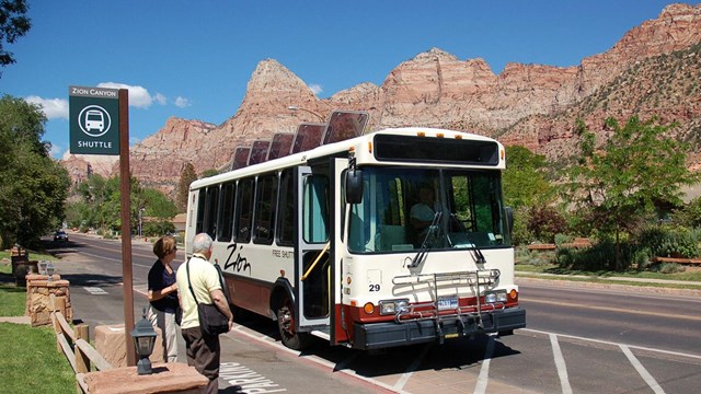 Photo of a visitor shuttle bus at Zion National Park in Utah. 