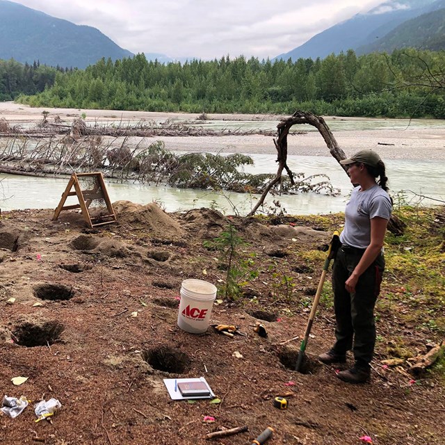 An archeologist works on a site being eroded by a river.