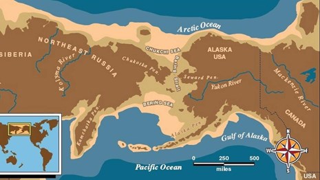 a map of beringia, the area of land that once connected Alaska and Russia