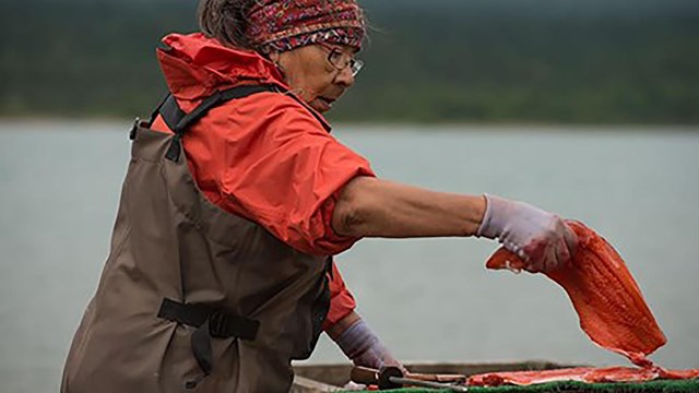 An image of a woman processing salmon