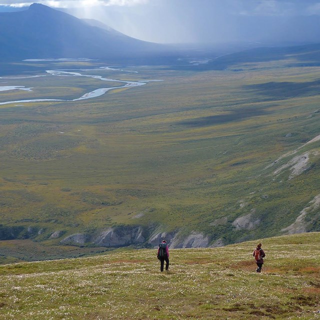 People hiking in a large landscape.
