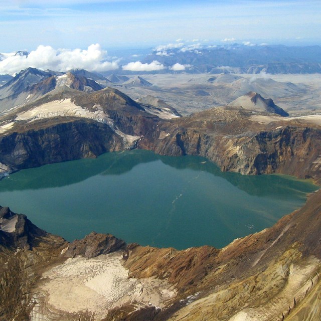 aerial image of a crater lake