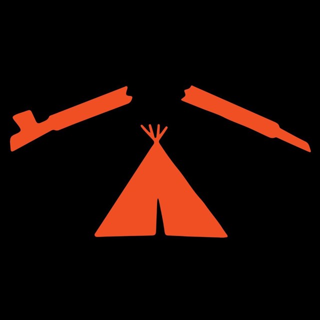 Graphic of a red peace pipe, broken in the center, hovering over triangular tipi on black background