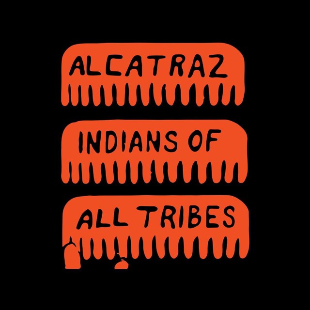 Black and red graphic with three stacked, comb-like shapes. Inside each shape reads “Alcatraz Indian