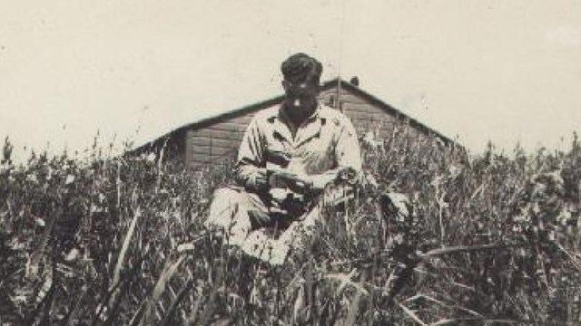 A historic scene of a man reading in a grassy meadow with a building on the horizon.