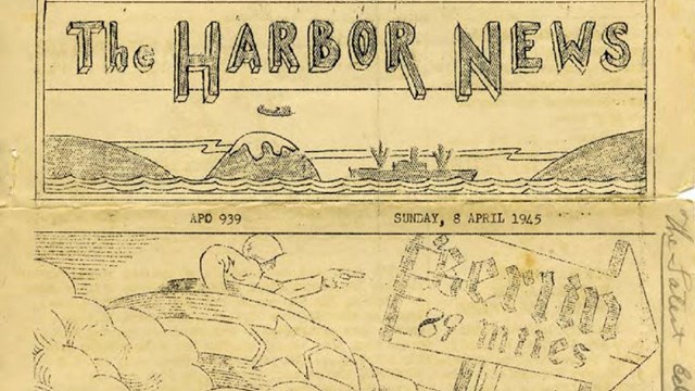 manila paper with "The Harbor News" on it and cartoon of person in plane with sign to Berlin. 