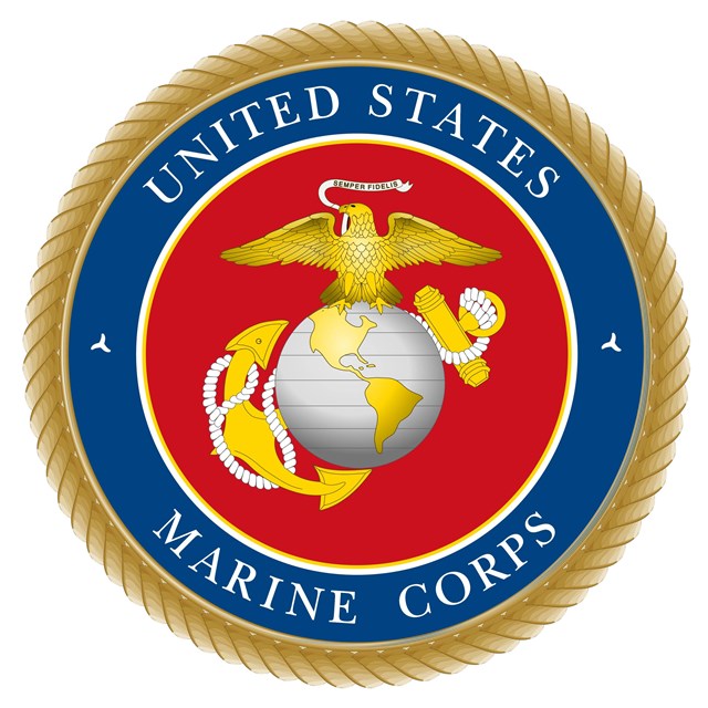 Logo with eagle and anchor around a globe. Text reads United States Marine Corps