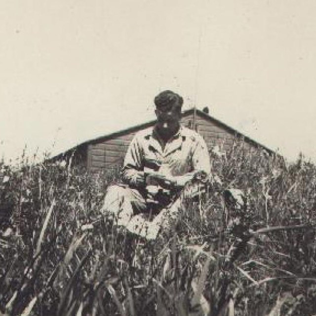 A historic scene of a man reading in a grassy meadow with a building on the horizon.