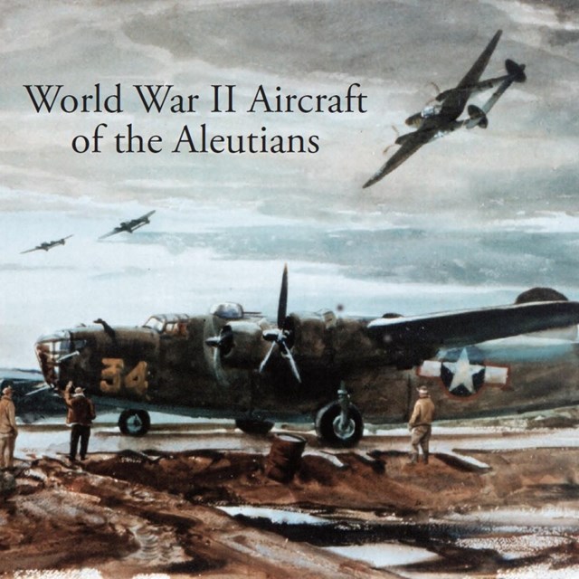 A painted scene depicts military aircraft taking off from an open field with soldiers inspecting.