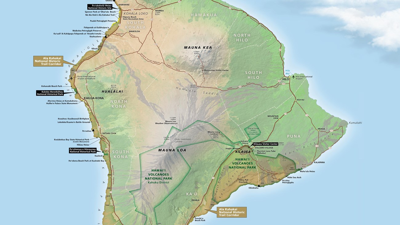 Map of Hawaii Island, with the Ala Kahakai NHT Corridor highlighted