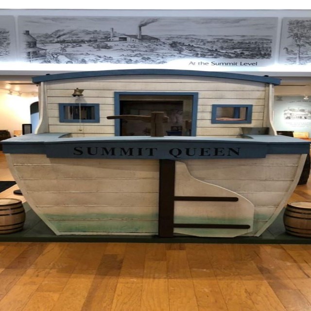 A canal boat model in the Visitor Center.