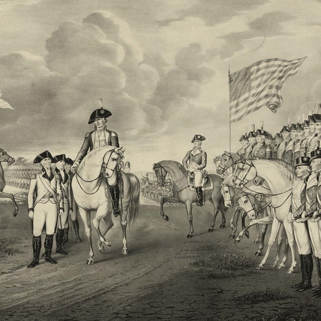 A lithograph of General Cornwallis on a horse surrendering to General Washington 