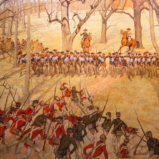 A painting of a musket volley fired from blue coated soldiers at a ragged line of British troops.
