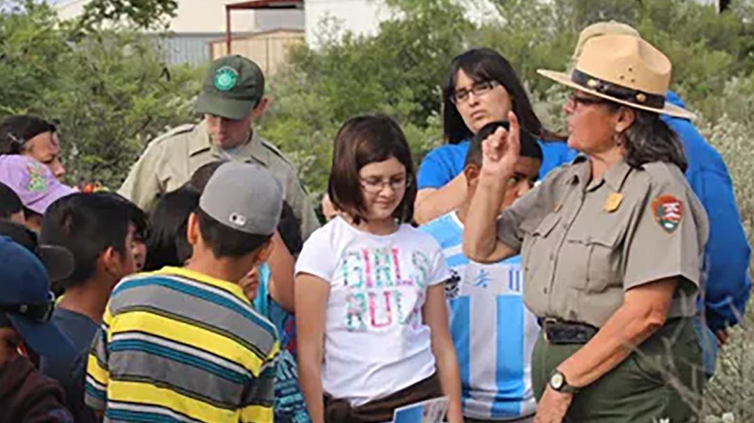 Class being lead in field observations by a Park Ranger.