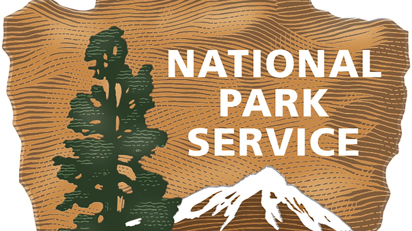 National Park Service shaded arrowhead with Sequoia, bison, mountain, lake, and field.