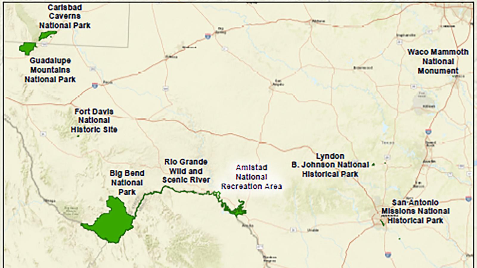 Basic map with nearby NPS sites and Amistad National Recreation Area in the center.