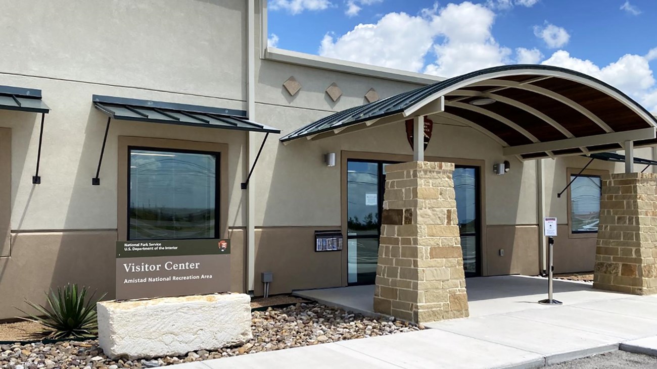 Amistad Visitor Center front porch with overhang.